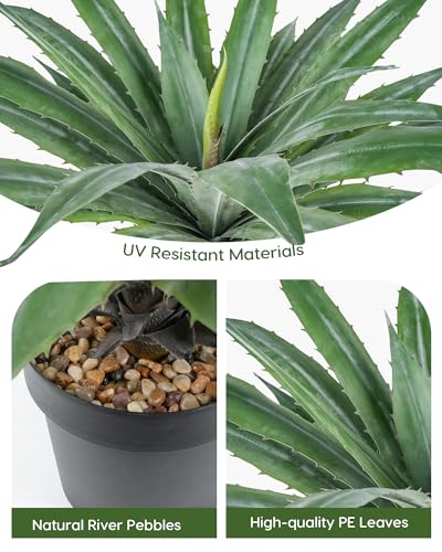 Artificial Agave Plant in Black Pot with Real Stone Pebbles