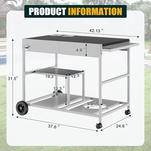 24.6"x37.6" Pizza Oven Cart Table with Topping Station and Wheels (Black / 24.6 x 37.6 x 31.5 inches)
