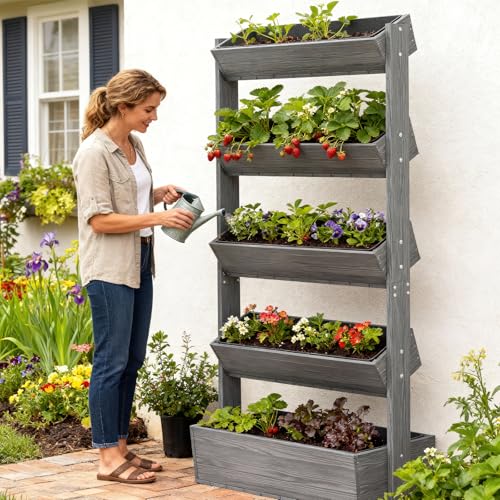 5 Tiers Vertical Raised Garden Bed Outdoor Planter Tower (31.5" x 18" x 67" 5 Tier / Gray-vertical)