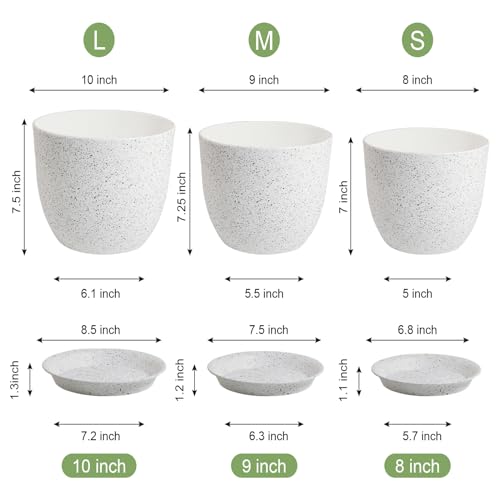10/9/8 inch Medium Plant Pots, Set of 3 Modern Decorative Plastic Planters with Drainage Holes and Saucers for Garden House Plants, Flower Pots for Indoor Outdoor Plants, Speckled White (3 Count)