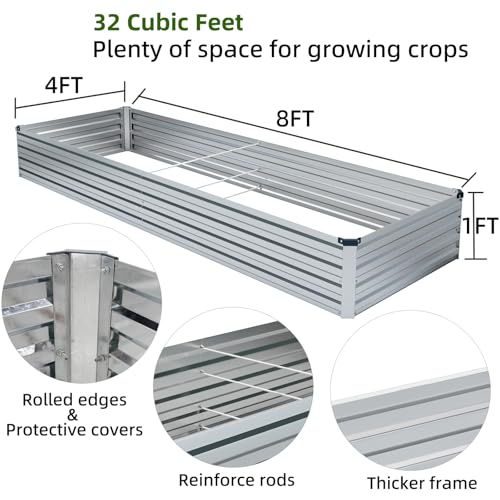 2 Pack 8x4x1FT Galvanized Raised Garden Beds Kit Outdoor Metal Gardening Planter Box for Vegetable Elevated Flower Herbs (2 Count)