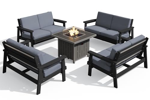 HDPE Patio Furniture Set with 33” Square Fire Pit Table (Black/Grey)