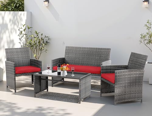 4 Piece Patio Ratten Set Outdoor Furniture Set Wicker Conversation Set with Cushions and Tempered Glass Tabletop (Red)