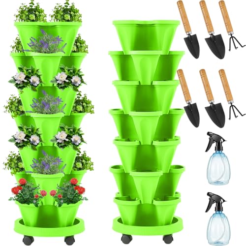 2 Set Light Green 7 Tier Vertical Planter Stackable Tower Planters Strawberry Herb Flower and Vegetable Pots Indoor Outdoor Gardening Pots with Removable Wheels and Tools (2 Count)