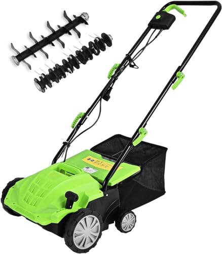 2-in-1 Lawn Dethatcher and Scarifier, 3 Level Depth Adjustable Weeder w/ 11 Gallon Collection Bag & 2 Removable Blades, 13-Inch 12 Amp Corded Electric Scarifier for Garden & Yard