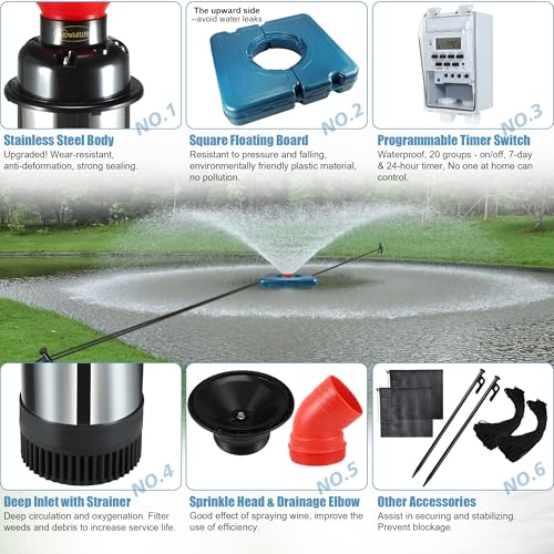 Pond Fountain Aerator F2 1HP 750W 15000GPH Floating Fountains Pump