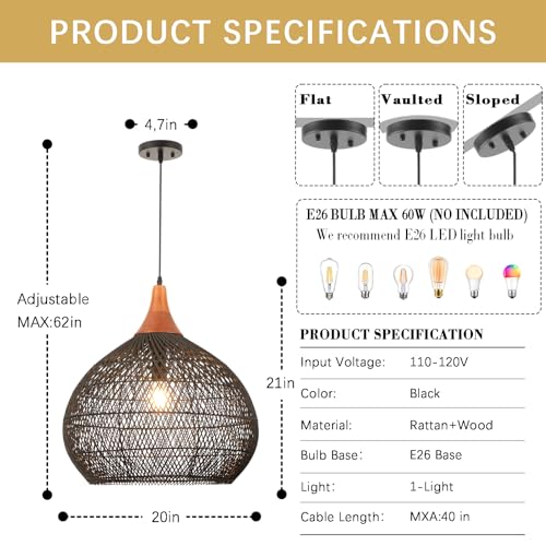 Large Black Rattan Pendant Light (Wood + Black Rattan / D 20", Extra Large)