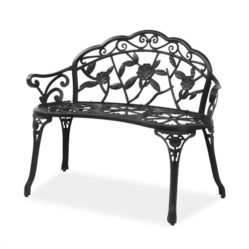 38.5" Patio Park Garden Outdoor Metal Rose Bench (Black / Rose)