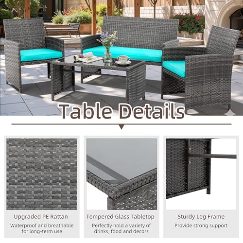 4 Piece Patio Ratten Set Outdoor Furniture Set Wicker Conversation Sets with Cushions and Tempered Glass Tabletop