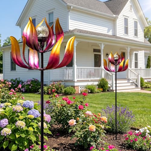 Solar Wind Spinner Outdoor Metal Decor (61" Purple Lotus)