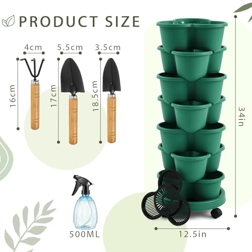 2 Set Dark Green 7 Tier Stackable Vertical Planters with Removable Wheels and Tools Tower Planters Strawberry Herb Flower Vegetable Pots Indoor Outdoor Gardening Pots (2 Count)