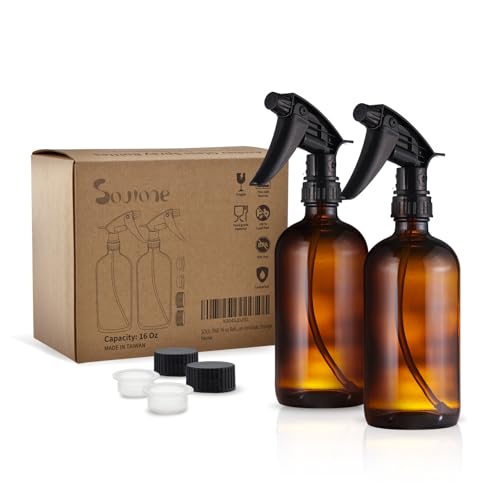 16 oz Refillable Amber Glass Spray Bottles with Adjustable Nozzles (2 Count)