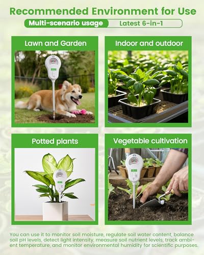 6-in-1 Soil Moisture Meter with 3 Probes, PH/Sunlight/Soil Moisture/Fertility with 3 Removable Probe, Digital Air Temp/Humidity, Soil Tester for Garden, Lawn, Indoor and Outdoor Plants (3 Count)