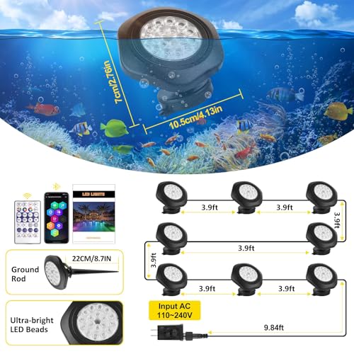 Pond Lights LED Underwater 16M Colors with App and Remote 8 Pack (Set of 8)