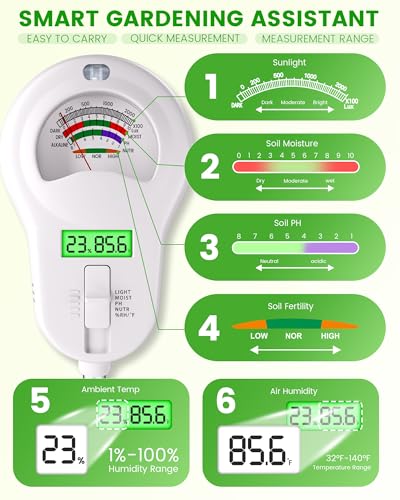 6-in-1 Soil Moisture Meter with 3 Probes, PH/Sunlight/Soil Moisture/Fertility with 3 Removable Probe, Digital Air Temp/Humidity, Soil Tester for Garden, Lawn, Indoor and Outdoor Plants (3 Count)