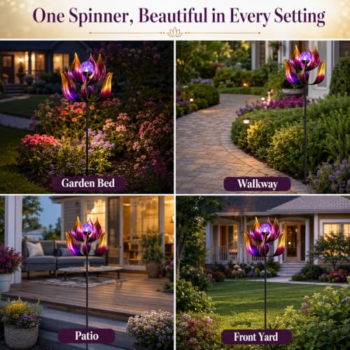 Solar Wind Spinner Outdoor Metal Decor (61" Purple Lotus)