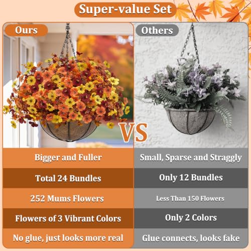 2 Sets Artificial Fall Mums Hanging Flowers Plants Baskets (Orange, Yellow, Red)