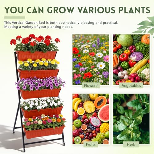 2 Pack 5 Tier Vertical Garden Planter with Wheels 4.5 ft Raised Garden Bed for Strawberry Herb Vegetable Flower Stackable Planter Boxes with Drainage for Patio Indoor Outdoor (14 Count)