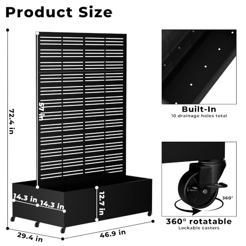 Double Metal Planter Box with Trellis Privacy Screen (Black line / 73"x 47"x 30")