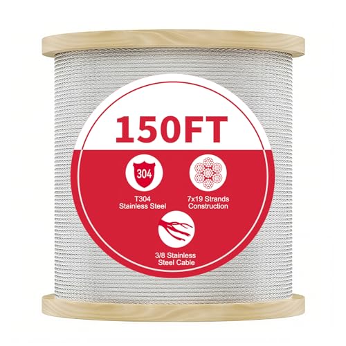 3 8 Stainless Steel Cable with 7x19 Strands and 12000lbs Breaking Strength 304 Stainless Steel Wire Rope for Aircraft Cable 150FT (150 Foot)