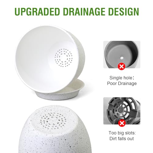 10/9/8 inch Medium Plant Pots, Set of 3 Modern Decorative Plastic Planters with Drainage Holes and Saucers for Garden House Plants, Flower Pots for Indoor Outdoor Plants, Speckled White (3 Count)