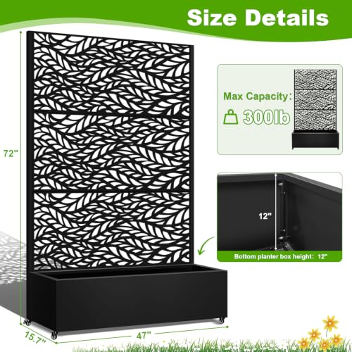 72"x47"x16" Metal Planter Box with Trellis (Black Leaf-shaped / 72"x47"x16")