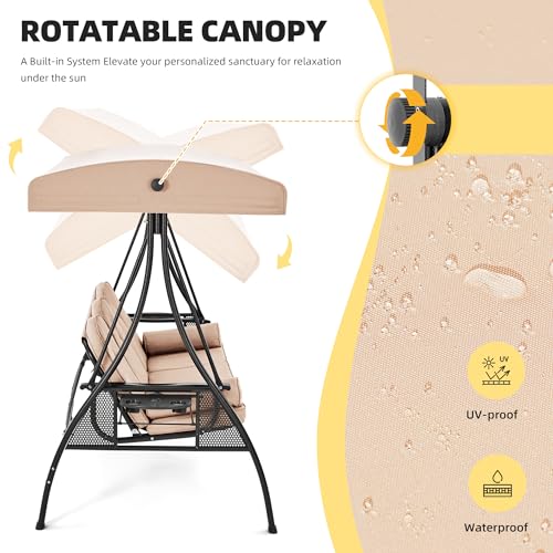3 Seat Porch Swing with Adjustable Canopy (Khaki)