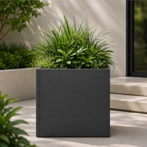 Galvanized Steel Metal Square Planter for Indoor Outdoor 1Set (Black / 13.8"H×13.8"W×13.8"L)