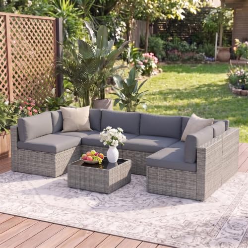 Patio Sectional Furniture Set (Grey / 7 Pieces)