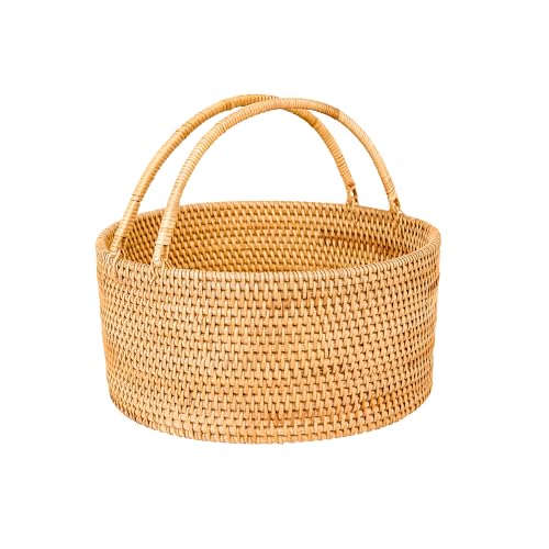 Rattan Picnic Basket with Handle (brown / Medium Round – 13 x 13 x 6 in)