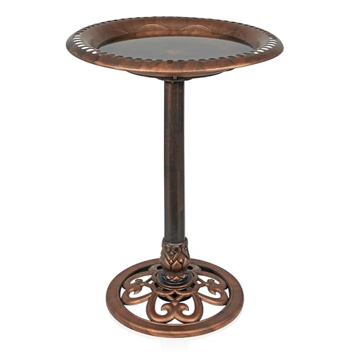 28" Bronze Outdoor Pedestal Birdbath with Scrollwork Base and Ground Stakes