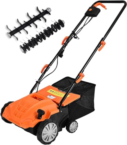2-in-1 Lawn Dethatcher and Scarifier, 3 Level Depth Adjustable Weeder w/ 11 Gallon Collection Bag & 2 Removable Blades, 13-Inch 12 Amp Corded Electric Scarifier for Garden & Yard