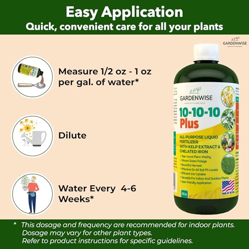 10-10-10 All Purpose Plant Food - Liquid Fertilizer with Seaweed Kelp & Iron - Indoor & Outdoor Plant Food, Vegetables, Flowers, Lawn & Garden 1x8oz (8 Ounce)