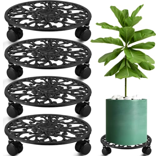 4 Pack 11 In Rolling Plant Stand with Wheels Metal Plant Caddy with Wheels (11 inch: 4 pcs / Black)