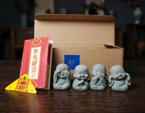 4-in-1 Mini Buddha Statue Set - See/Hear/Speak/Think No Evil, Zen Feng Shui Decor for Home, Aquarium, Garden, Office - Spiritual Resin Figurines with Blessing Amulet (Mini Laughing Buddha) (Mini Laughing Buddha)