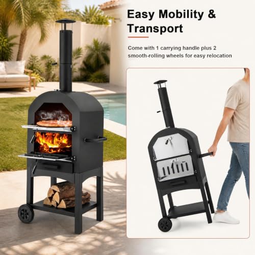 Outdoor Pizza Oven Wood Fired with Wheels & Built