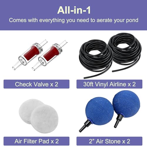 All-in-One Koi Pond Aerator for Outdoor Pond up to 1000 Gallons, Air Pump Aeration Kit with 2 Outlets Air Stones Airline Tubing Check Valves