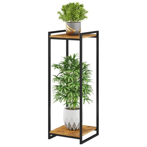 2 Tier Rustic Brown Plant Stand Indoor 34" Tall Metal Wood