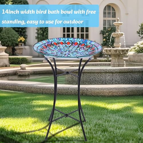 Mosaic Glass Bird Baths with Metal Stand for Garden Decor