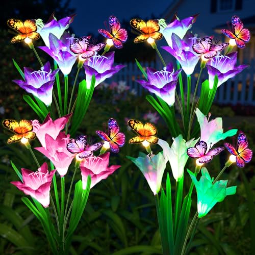Solar Lights Outdoor Garden Decor 4 Pack (4 Pack / Lily & Butterfly)
