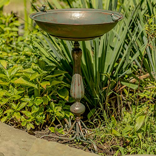 Ornate Pedestal Style Birdbath with Cast Iron Birds on Rim