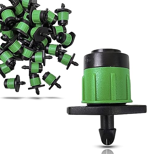 50-Pack) - 1/4" Inch 360 Degree Drip Emitter On 6" Stake Sprayer Adjustable Flow 0-20 GPH, Fits 1/4 (4-6mm) Irrigation Tubing - Micro Bubbler Drippers for Drip Irrigation (50 Pack Dripper on Barb) (50 Count)