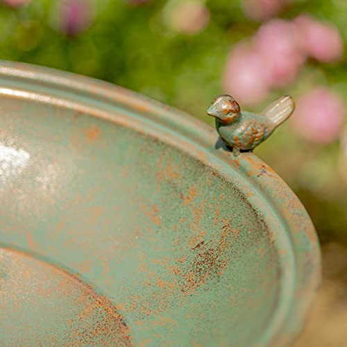 Ornate Pedestal Style Birdbath with Cast Iron Birds on Rim