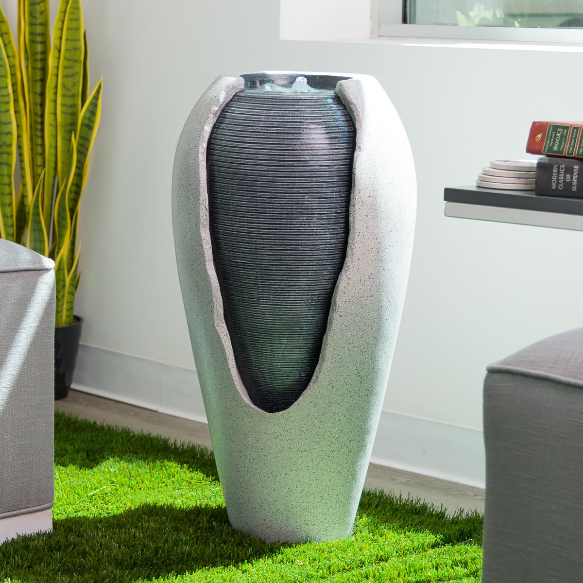 29" Tall Two Tone Ribbed Jar Floor Fountain with LED Lights