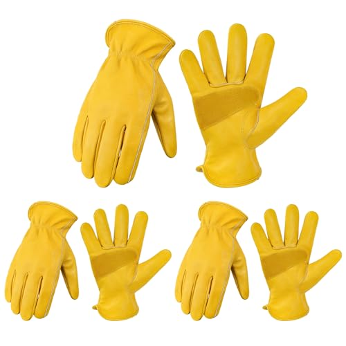 Cowhide Leather Gardening Work Gloves for Men 3 Pairs Golden XL (3 Count)