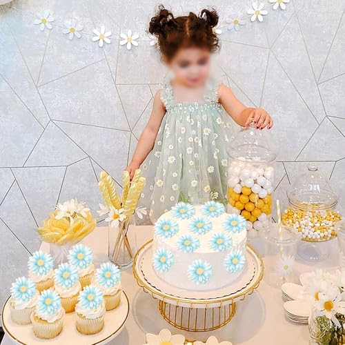 60 PCS Edible Daisy Cupcake Toppers Wafer Paper Daisy Cupcake Picks Edible Daisies Wildflower Birthday Party Decorations for Baby Shower Wedding Birthday Party Cake Food Decorations Supplies Blue (60 Count)