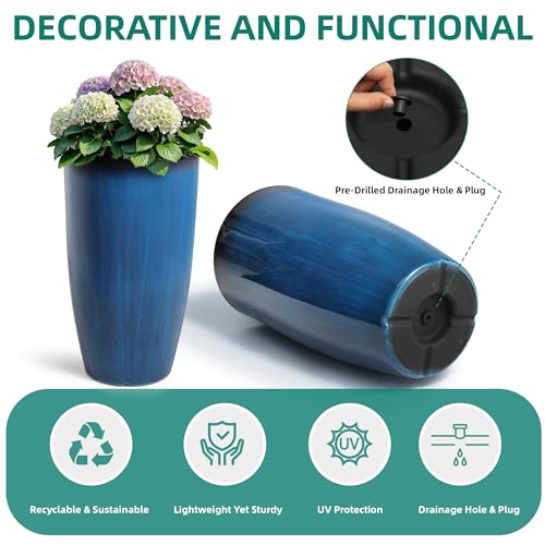 Autodaya 24" Large Tall Outdoor Planters Set of 2 (24"h-gradient Cobalt Blue)