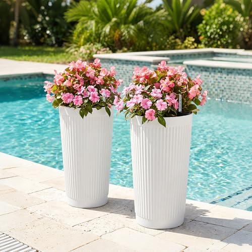 Set of 2 Large Round Tall Planter for Indoor or Outdoor 24" Flower Pots for Porch (Round Ribbed White / 24")