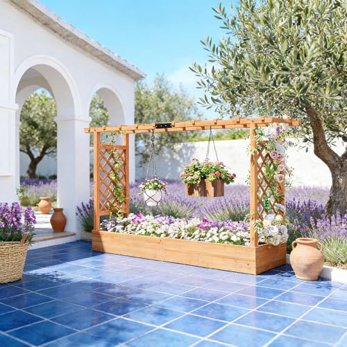 Wooden Raised Garden Bed with Trellis
