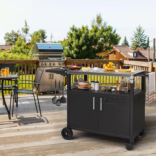 Outdoor Grill Cart Table with Stainless Steel Top for Kitchen Prep & BBQ (Black / 20 x 50 x 32.2 inches)